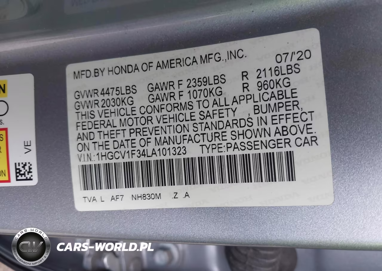 2020 Honda Accord Sport VIN:1HGCV1F34LA101323 - 9
