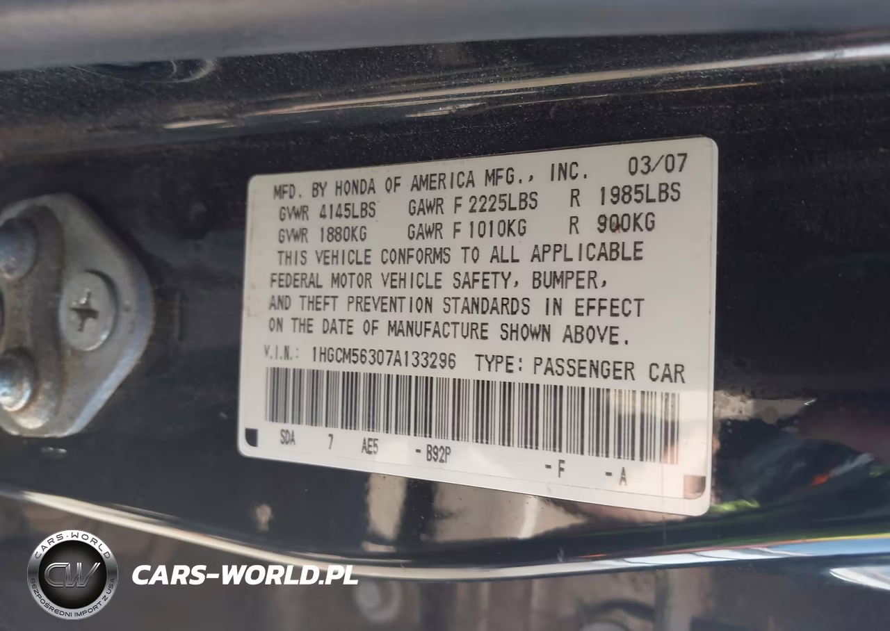 2007 Honda Accord 2.4 Se VIN:1HGCM56307A133296 - 9