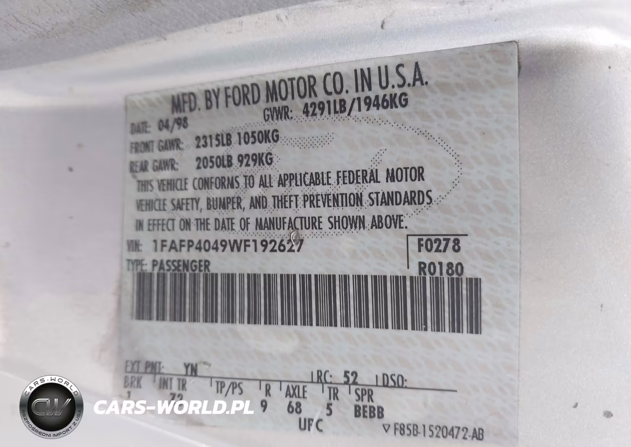 1998 Ford Mustang VIN:1FAFP4049WF192627 - 9