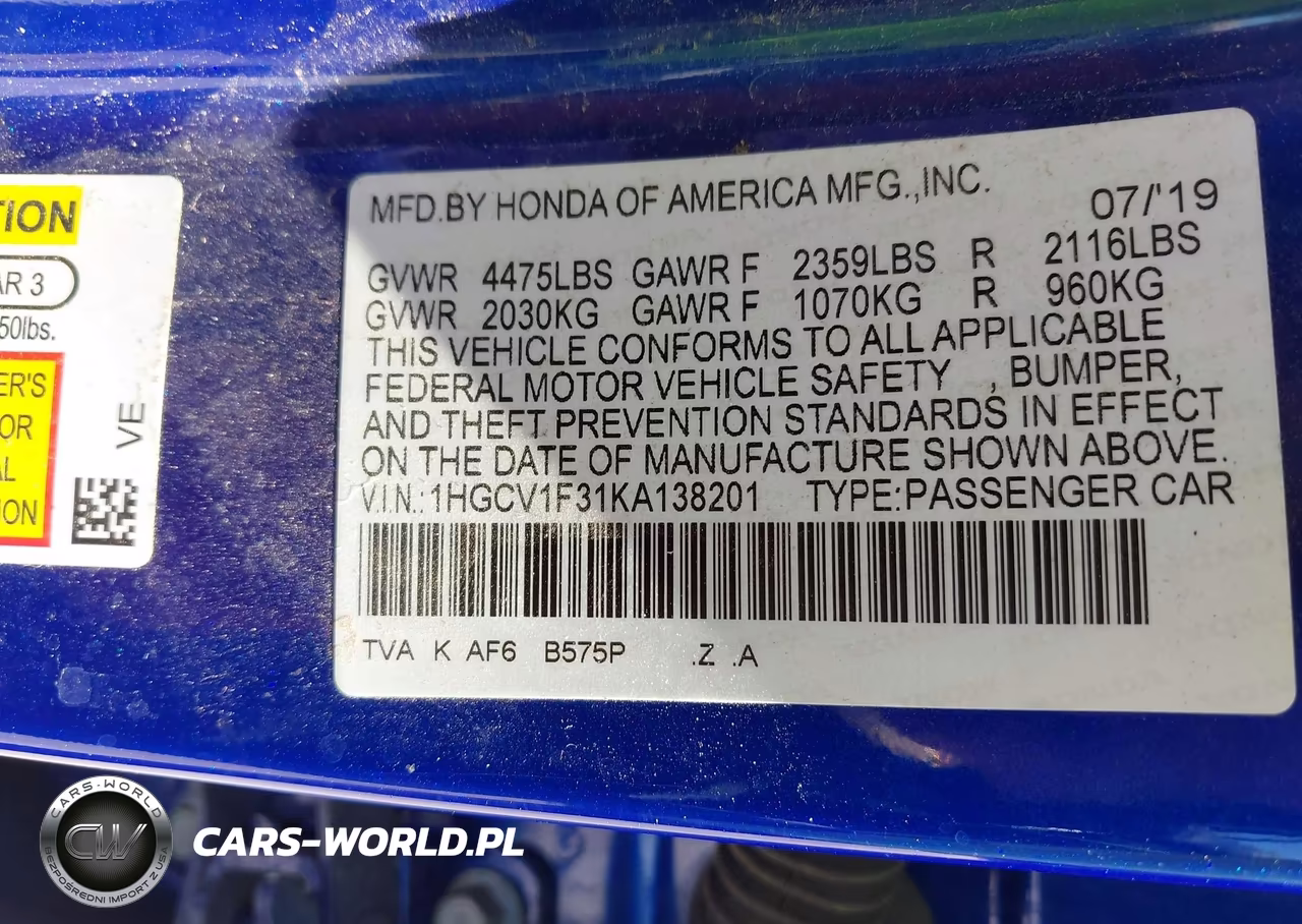 2019 Honda Accord Sport VIN:1HGCV1F31KA138201 - 9