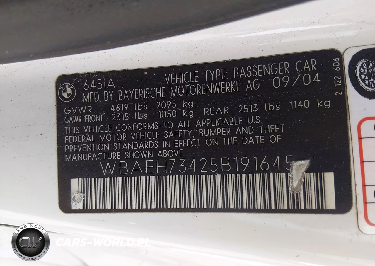 2005 BMW 645Ci VIN:WBAEH73425B191645 - 9