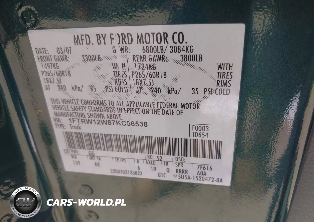 2007 Ford F-150 Xlt VIN:1FTRW12W87KC66538 - 9