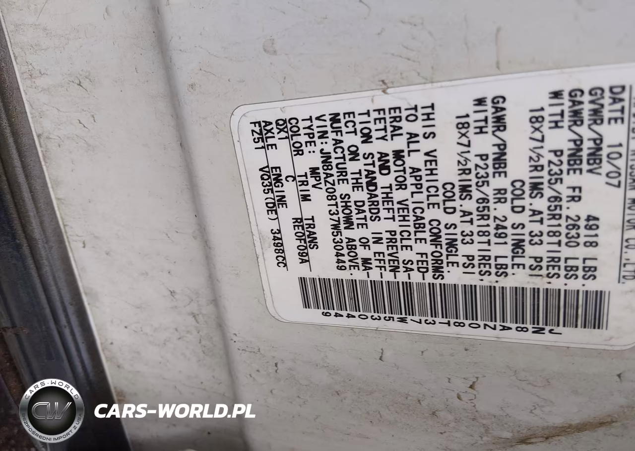 2007 Nissan Murano S VIN:JN8AZ08T37W530449 - 9