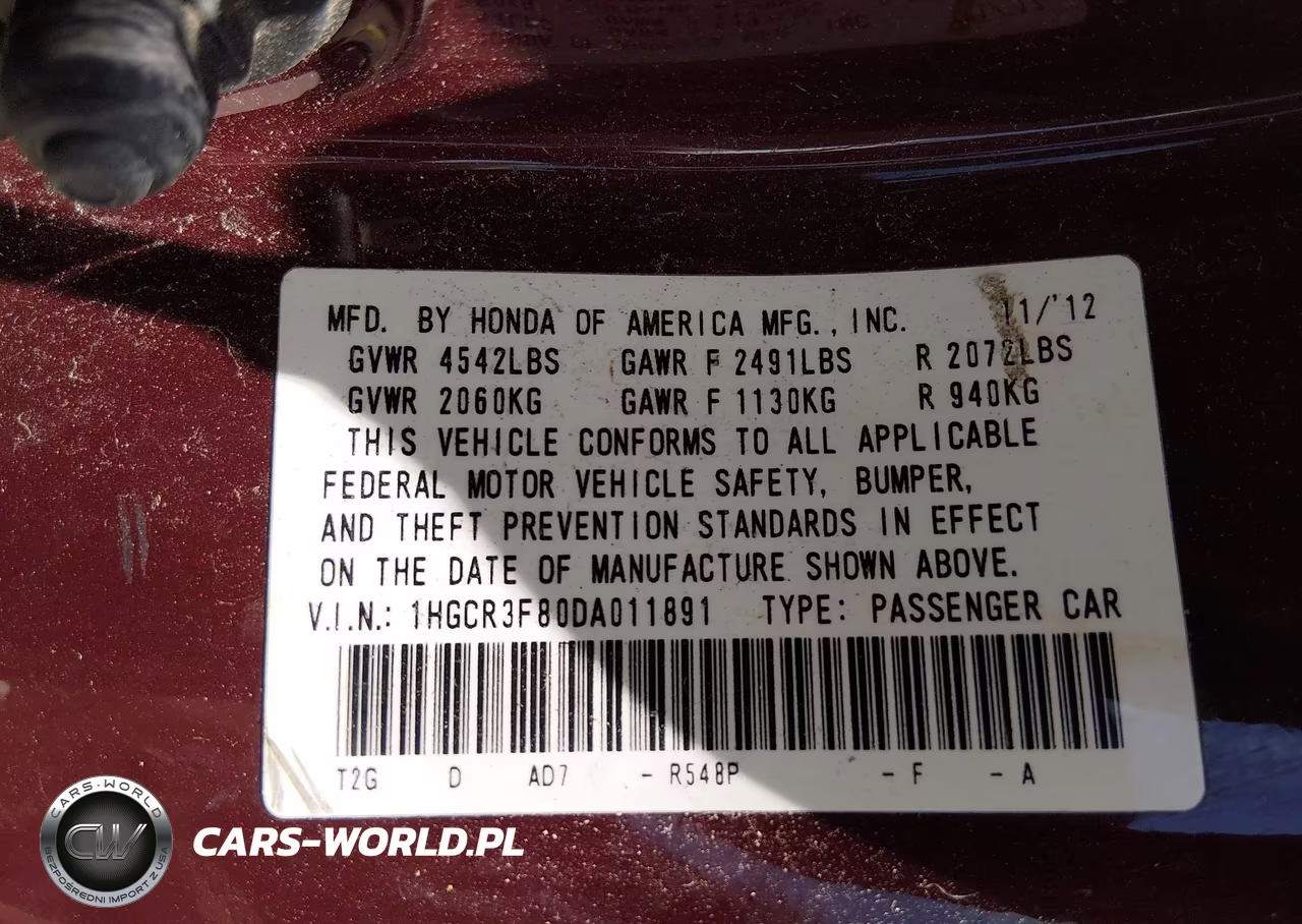 2013 Honda Accord Ex-L V-6 VIN:1HGCR3F80DA011891 - 9