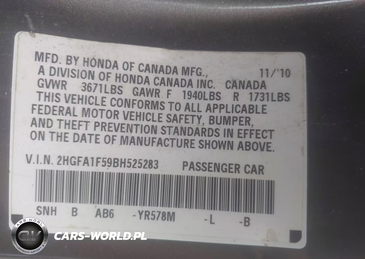 2011 Honda Civic Lx VIN:2HGFA1F59BH525283 - 9