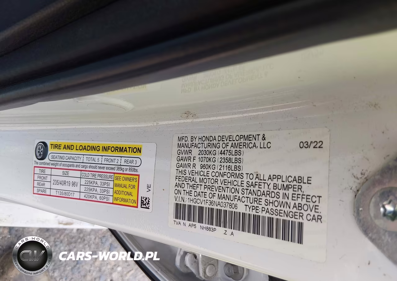 2022 Honda Accord Sport VIN:1HGCV1F36NA037806 - 9