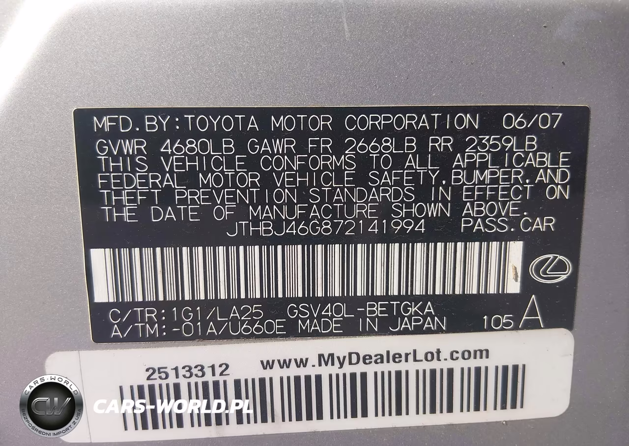 2007 Lexus Es 350 VIN:JTHBJ46G872141994 - 9