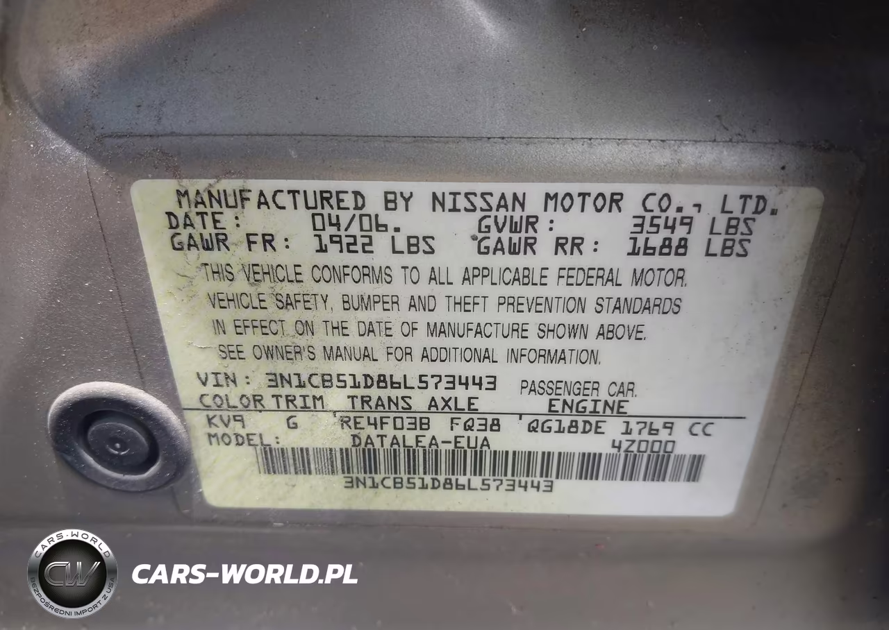 2006 Nissan Sentra 1.8S VIN:3N1CB51D86L573443 - 9