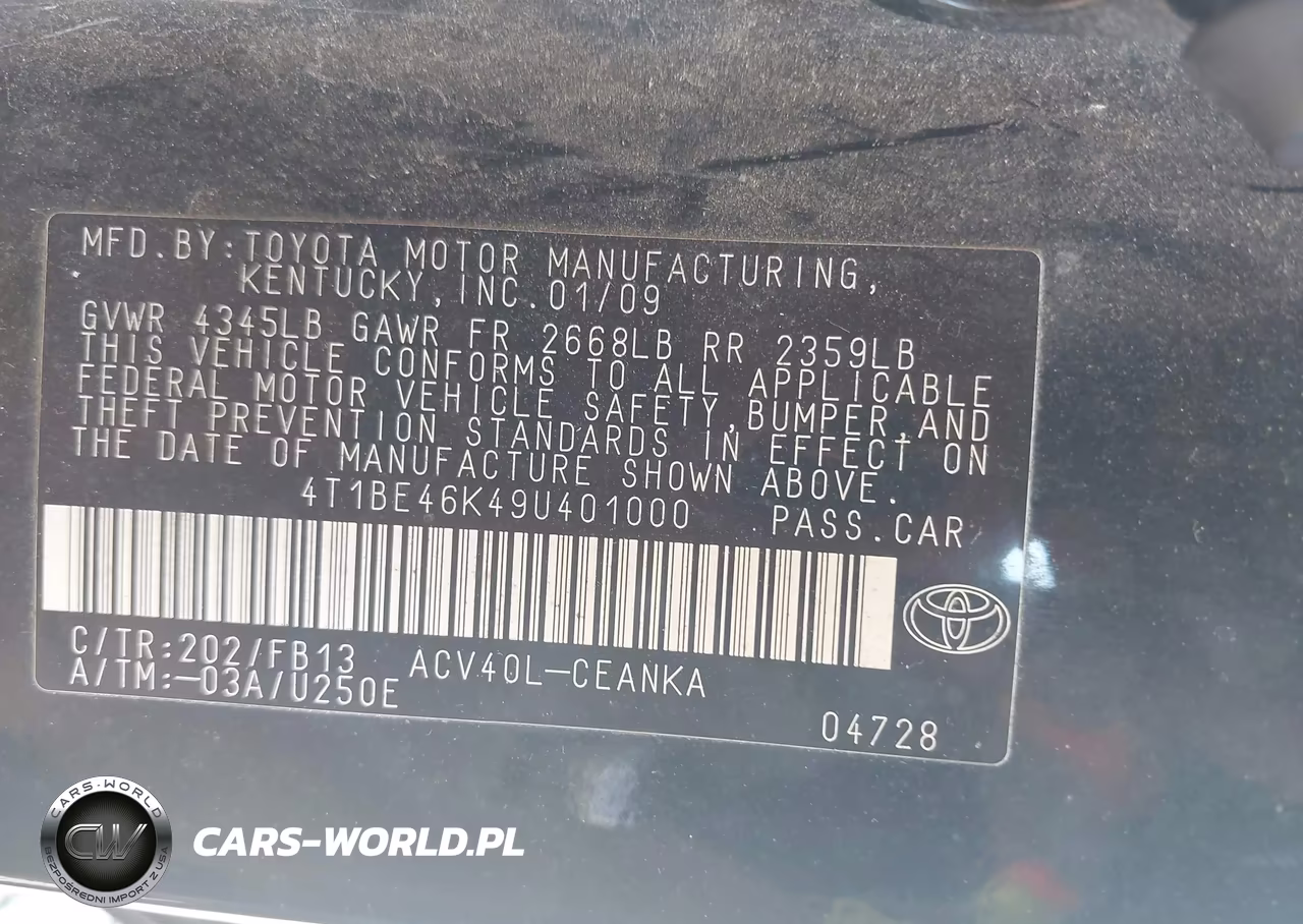 2009 Toyota Camry VIN:4T1BE46K49U401000 - 9