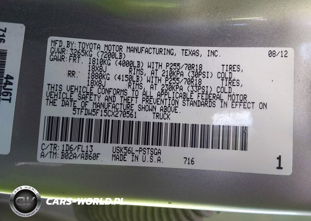 2012 Toyota Tundra Grade 5.7L V8 VIN:5TFDW5F15CX270561 - 9