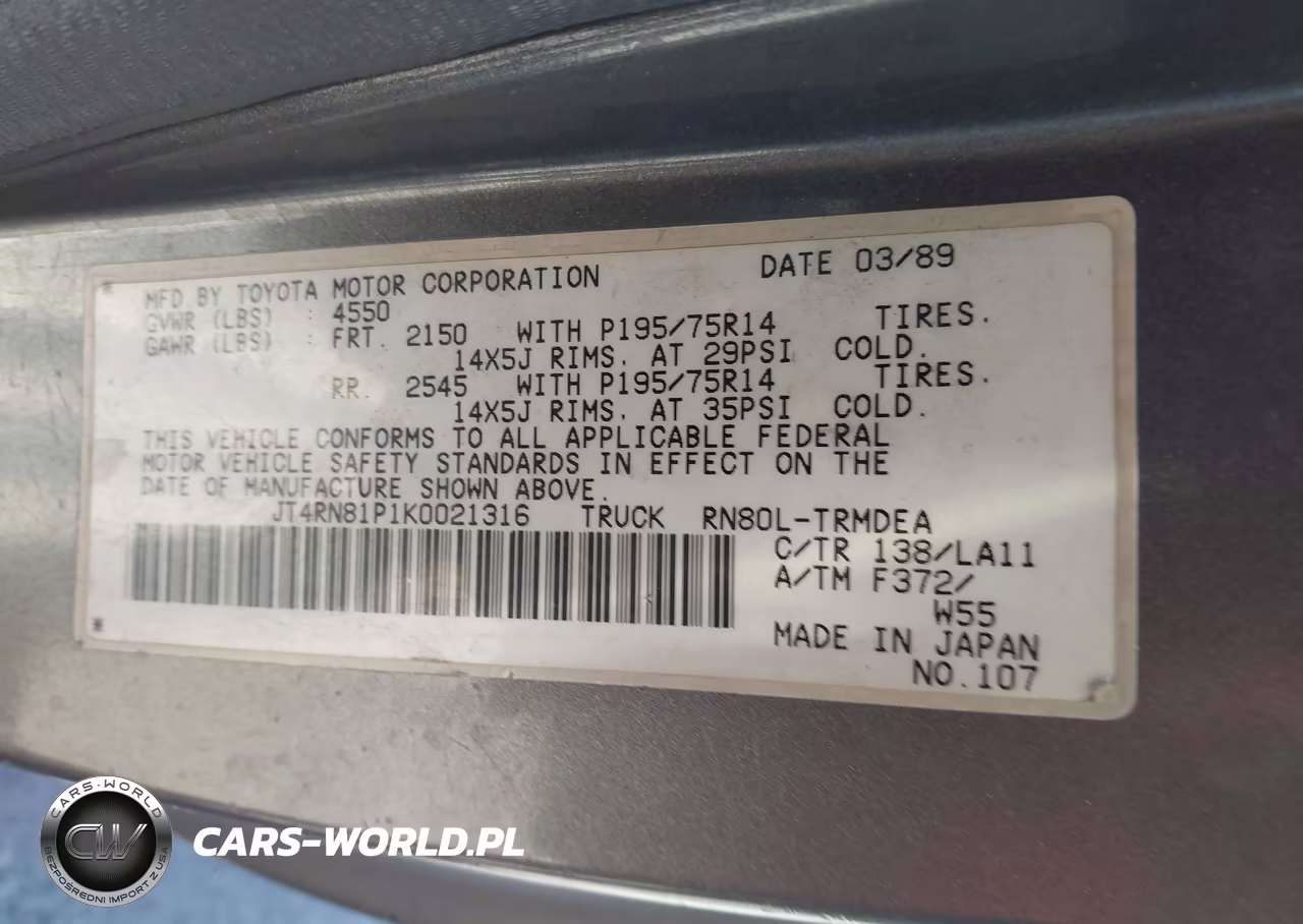 1989 Toyota Pickup 1-2 Ton Sht Wheelbase Dlx VIN:JT4RN81P1K0021316 - 9