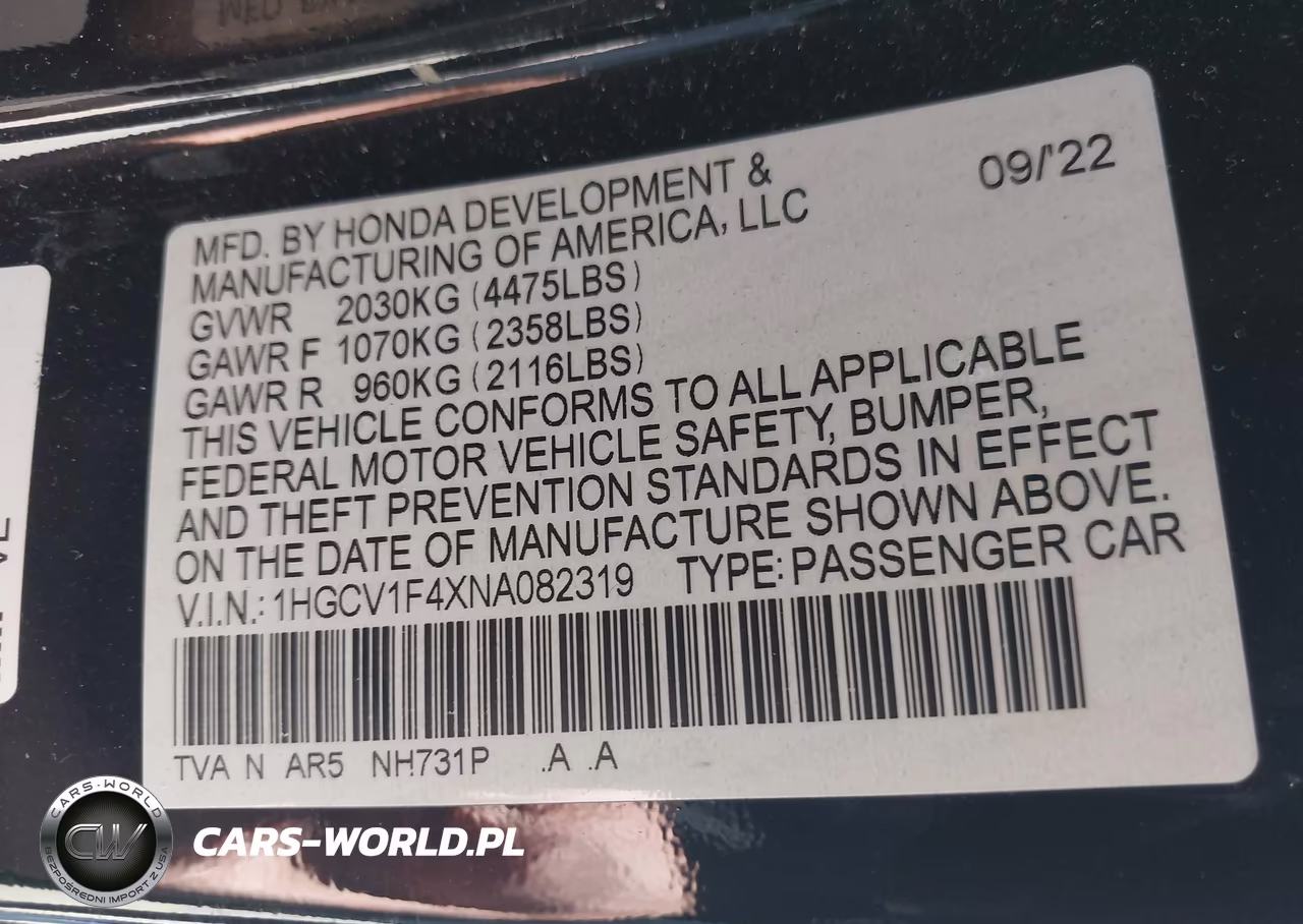 2022 Honda Accord Sport Special Edition VIN:1HGCV1F4XNA082319 - 9