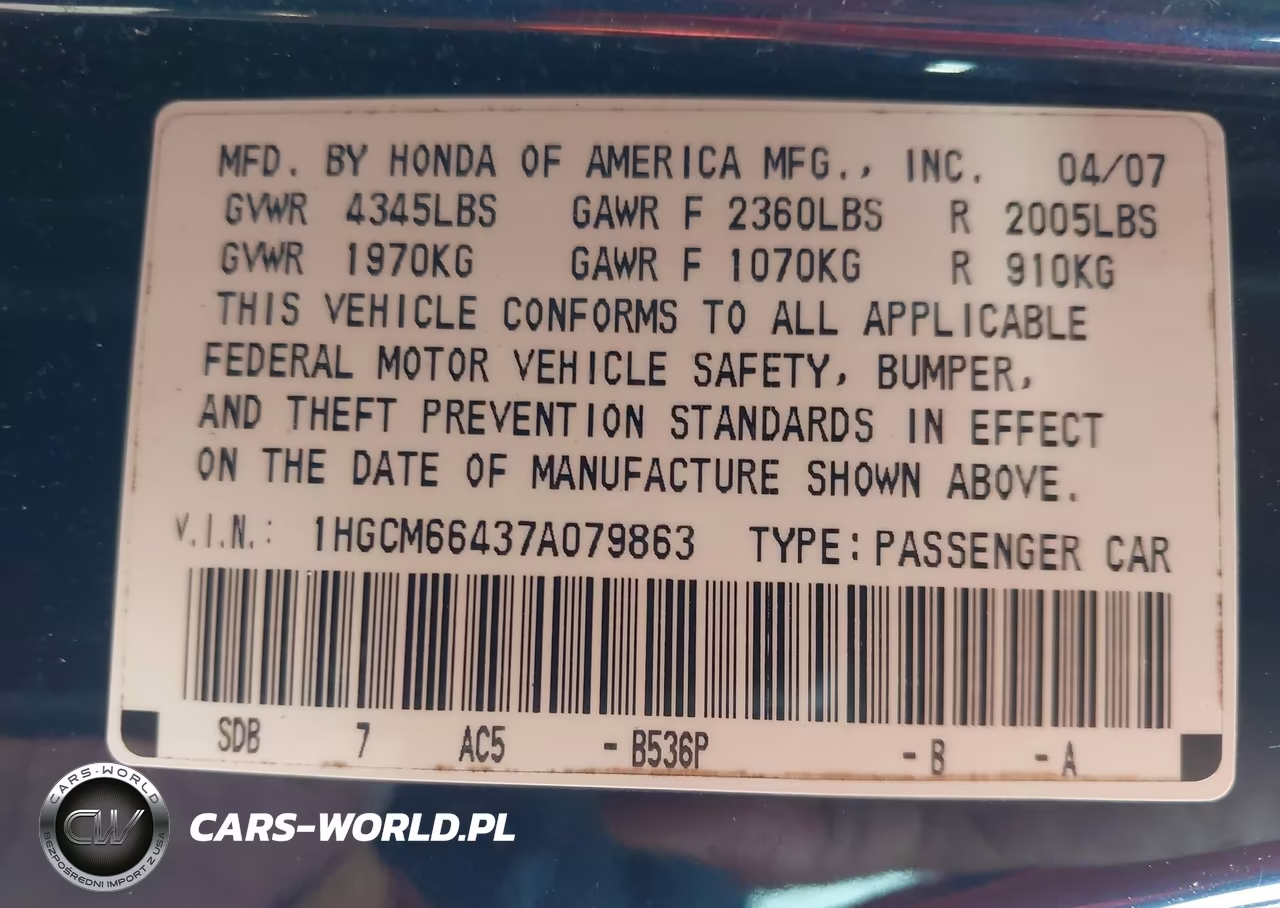 2007 Honda Accord 3.0 Se VIN:1HGCM66437A079863 - 9