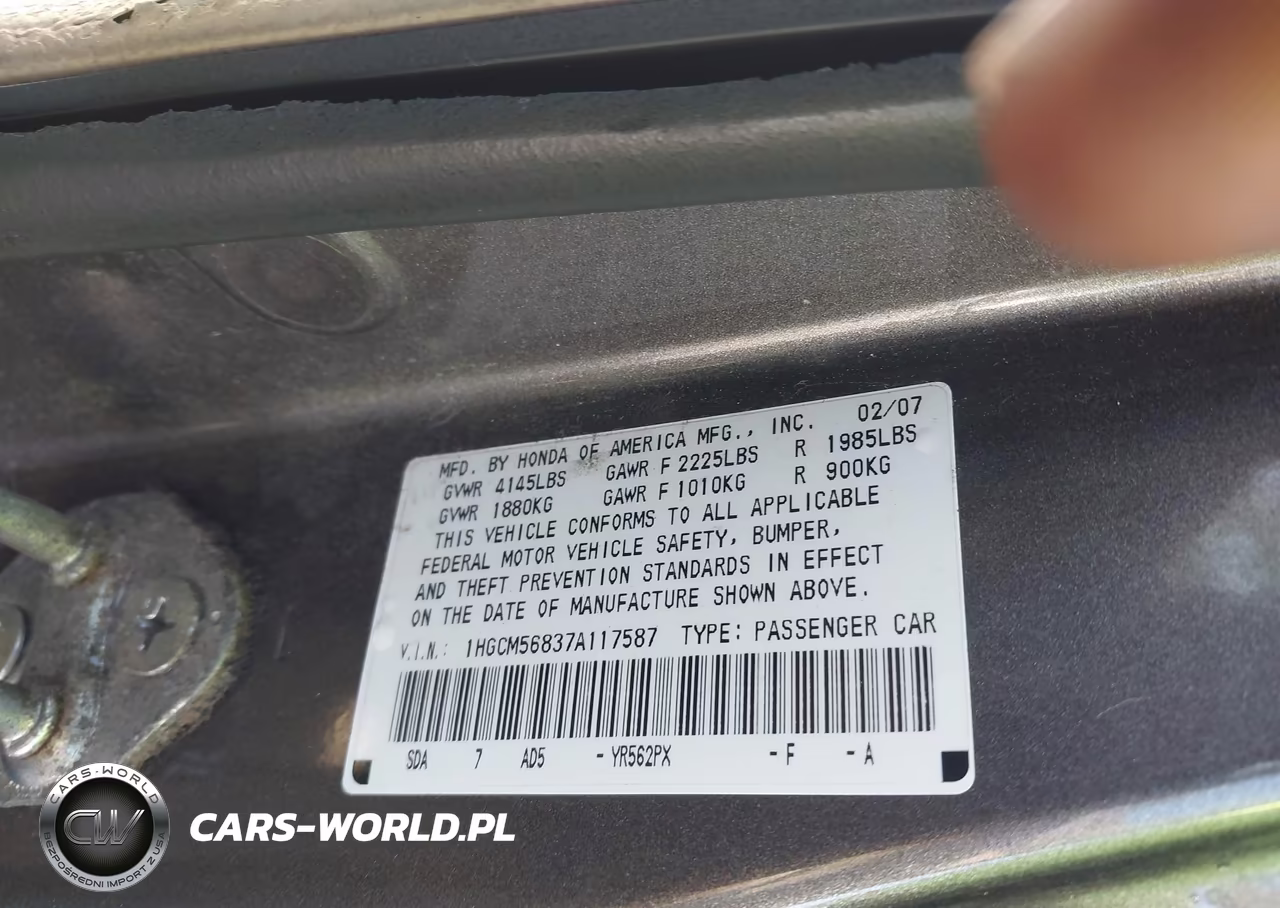 2007 Honda Accord 2.4 Ex VIN:1HGCM56837A117587 - 9