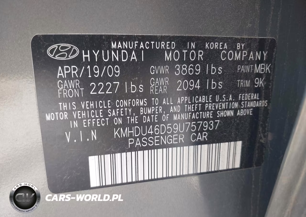 2009 Hyundai Elantra Gls VIN:KMHDU46D59U757937 - 9