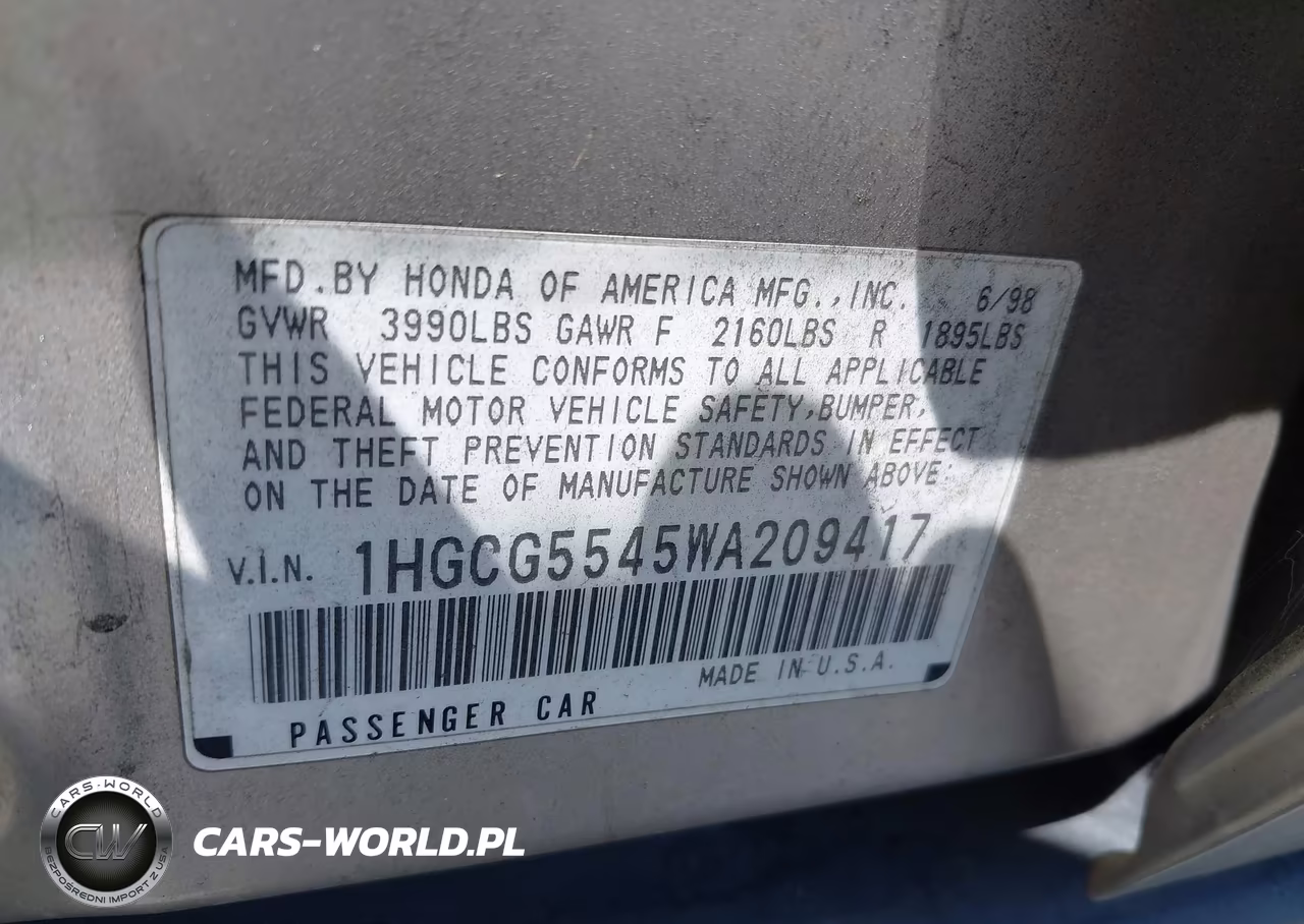 1998 Honda Accord Lx VIN:1HGCG5545WA209417 - 9