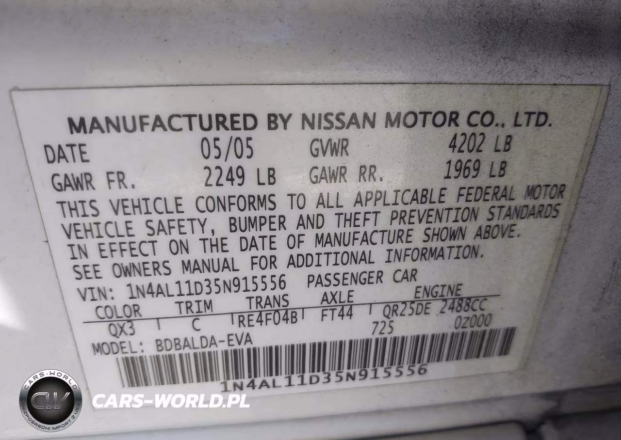 2005 Nissan Altima 2.5 S VIN:1N4AL11D35N915556 - 9