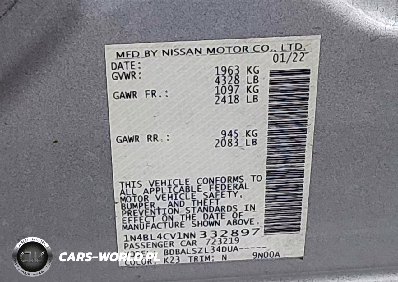 2022 Nissan Altima Sr Fwd VIN:1N4BL4CV1NN332897 - 9