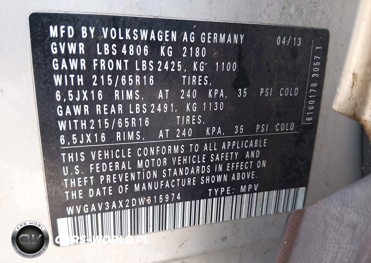 2013 Volkswagen Tiguan S VIN:WVGAV3AX2DW615974 - 9