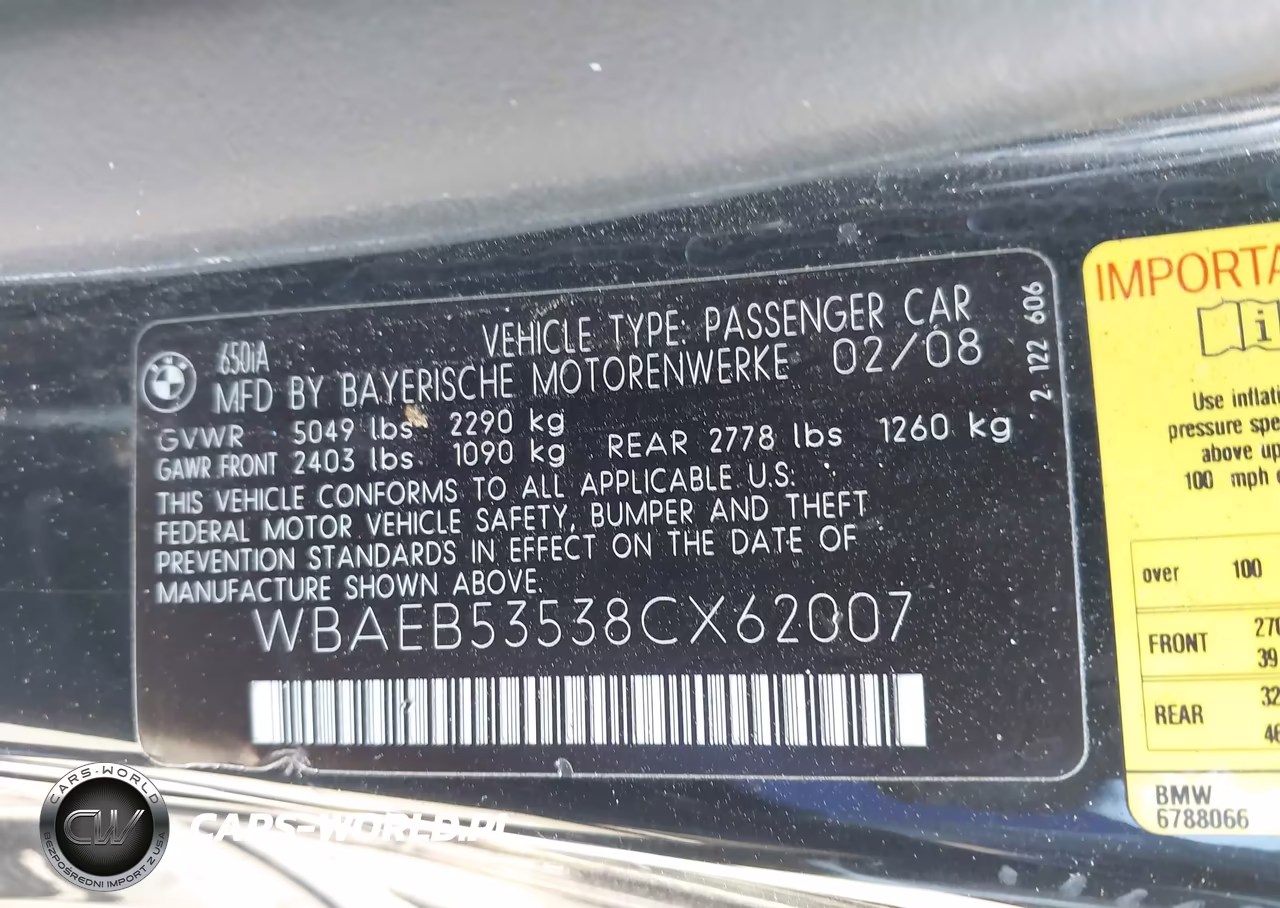 2008 BMW 650I VIN:WBAEB53538CX62007 - 9