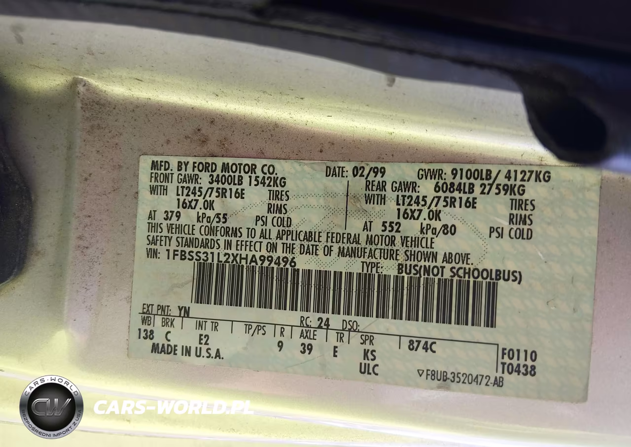 1999 Ford E-350 Super Duty Xl-Xlt VIN:1FBSS31L2XHA99496 - 9