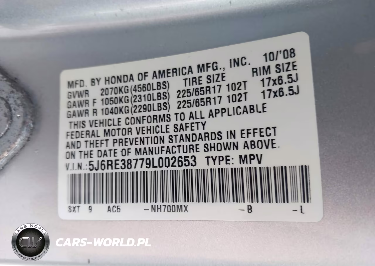 2009 Honda Cr-V Ex-L VIN:5J6RE38779L002653 - 9