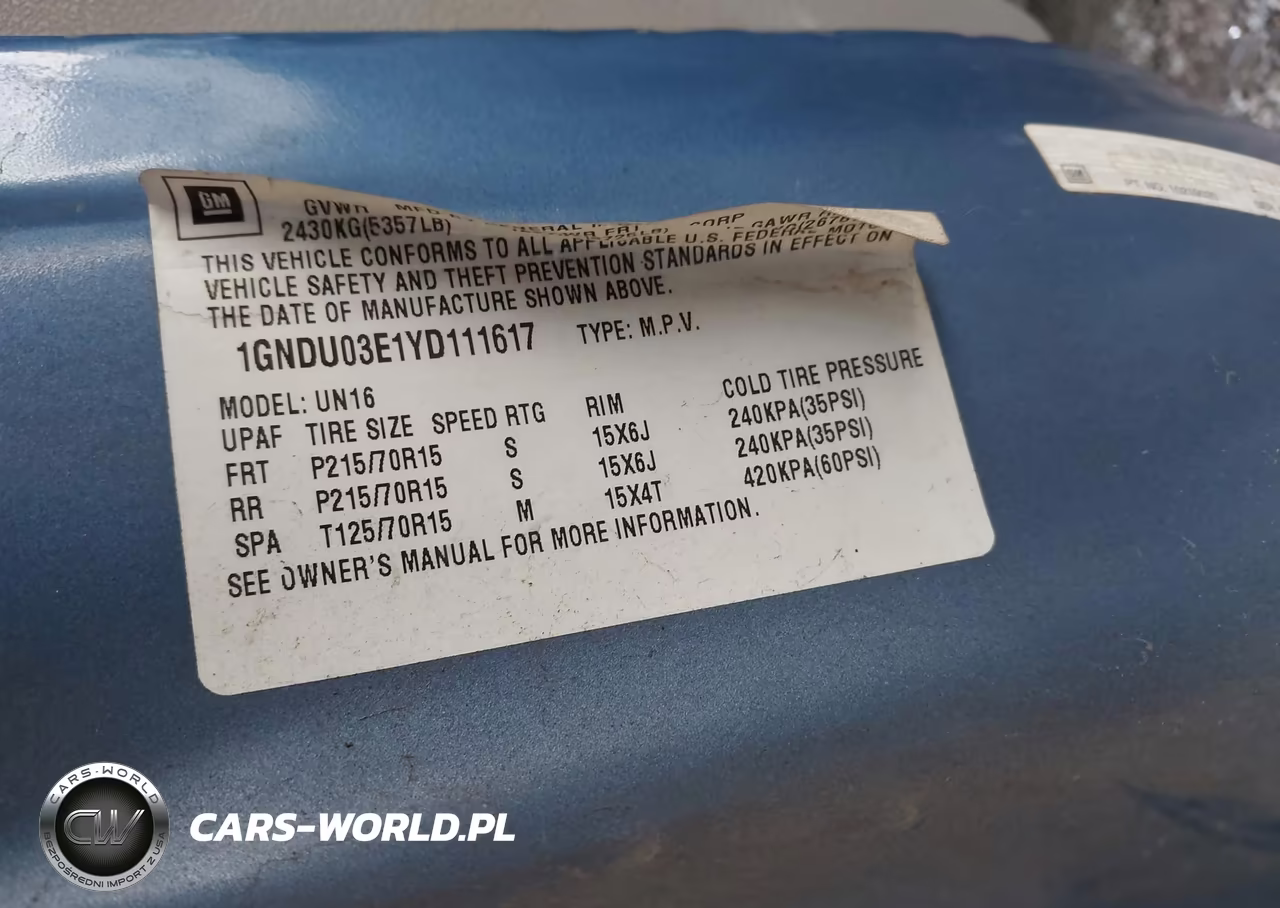 2000 Chevrolet Venture Plus VIN:1GNDU03E1YD111617 - 9