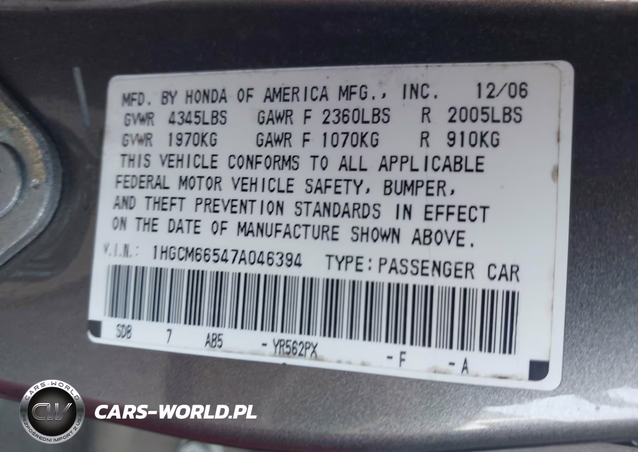 2007 Honda Accord 3.0 Ex VIN:1HGCM66547A046394 - 9