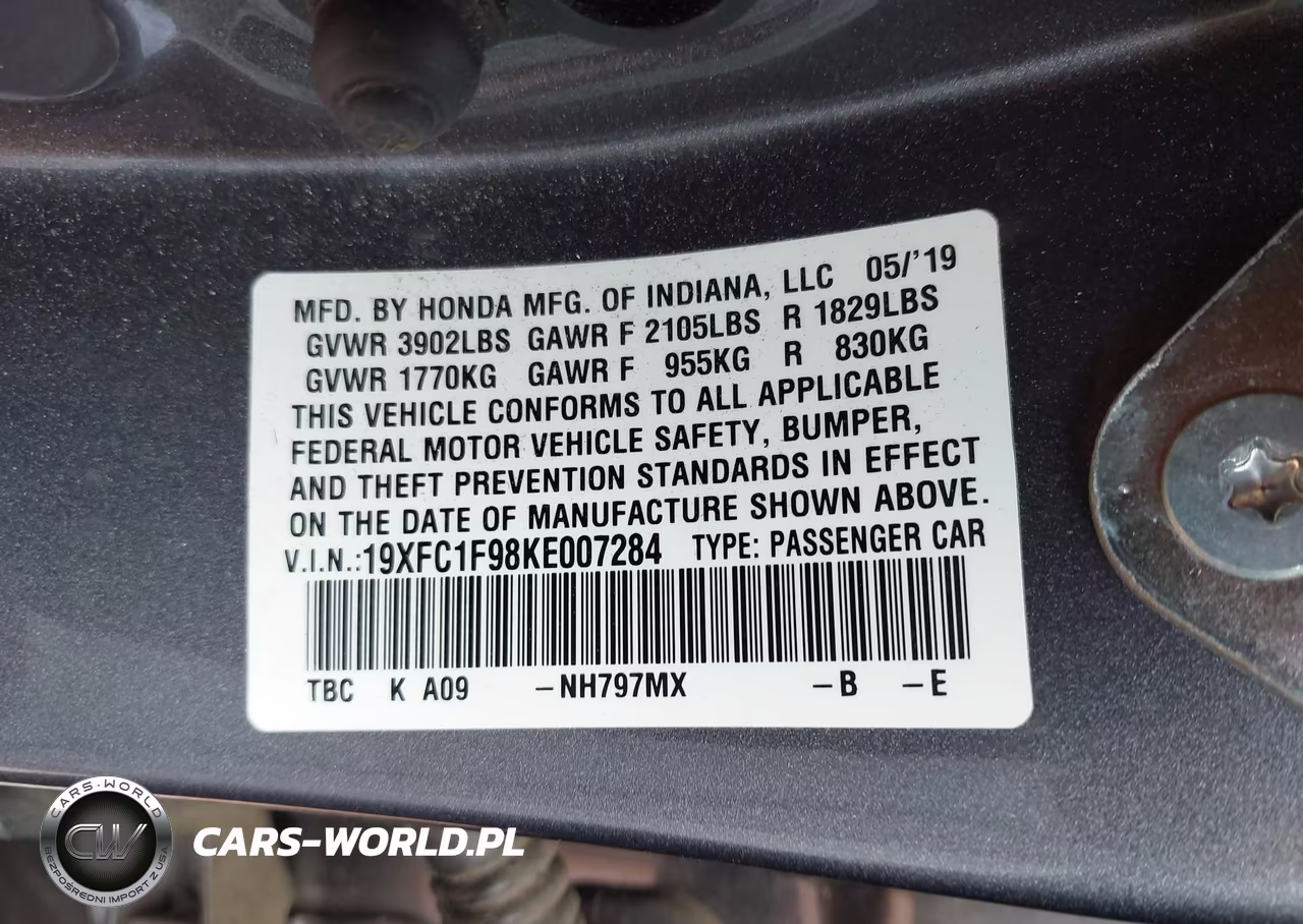 2019 Honda Civic Touring VIN:19XFC1F98KE007284 - 9