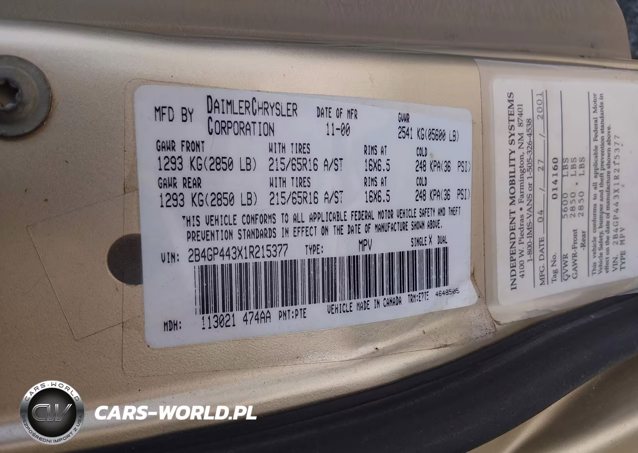 2001 Dodge Grand Caravan Sport VIN:2B4GP443X1R215377 - 9