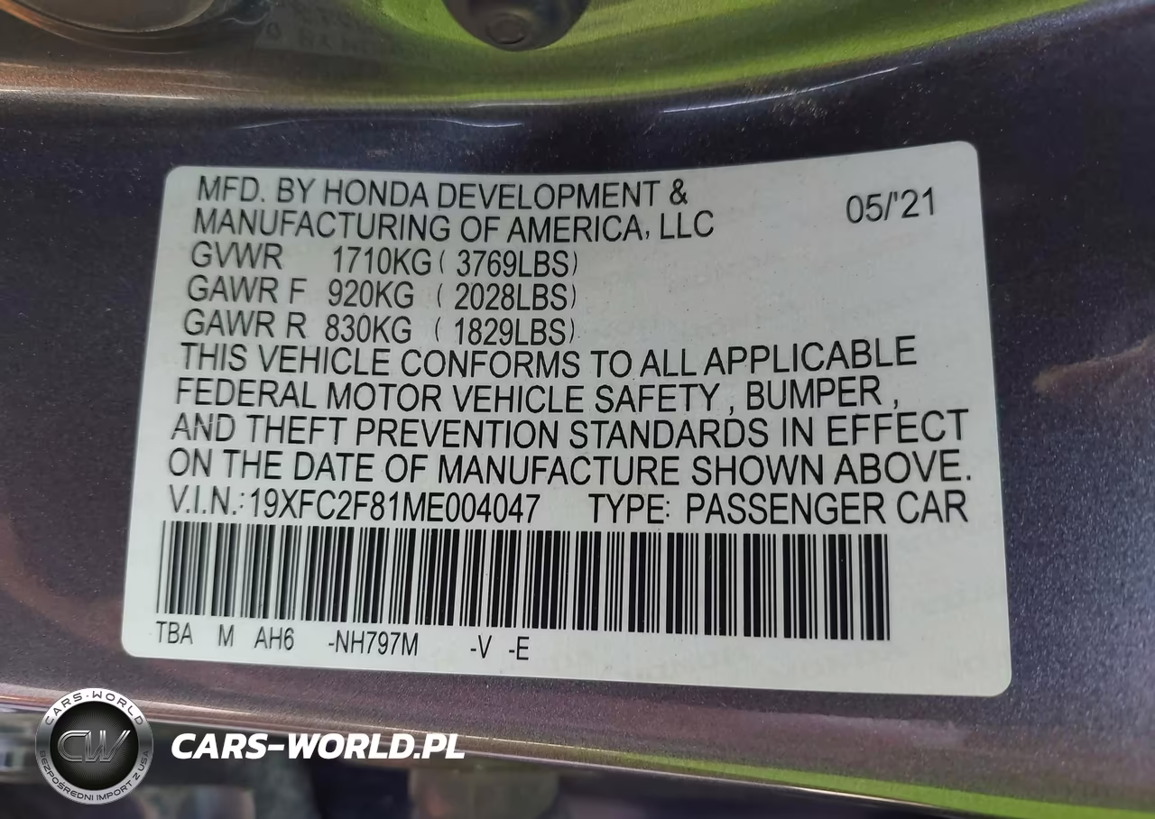 2021 Honda Civic Sport VIN:19XFC2F81ME004047 - 9