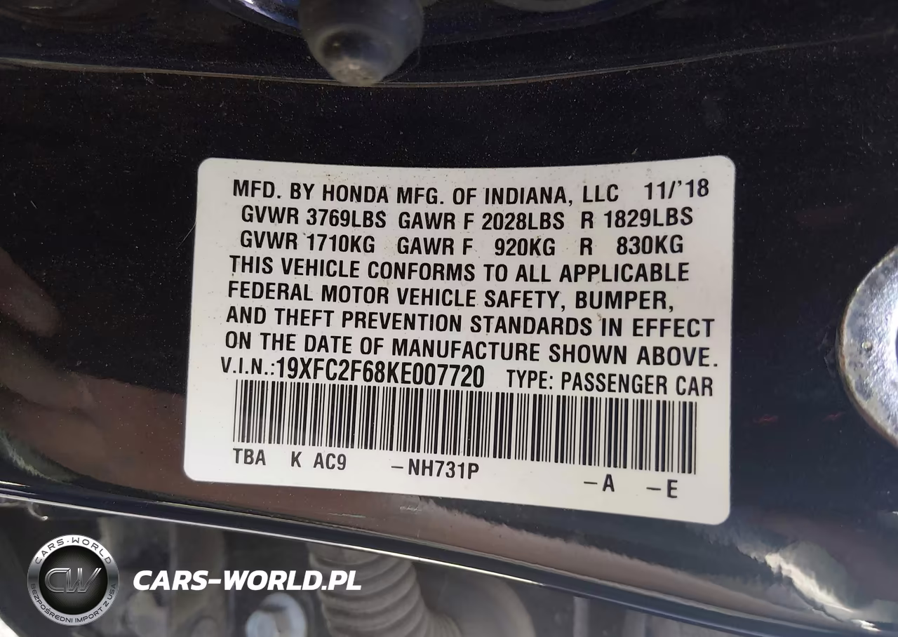2019 Honda Civic Lx VIN:19XFC2F68KE007720 - 9