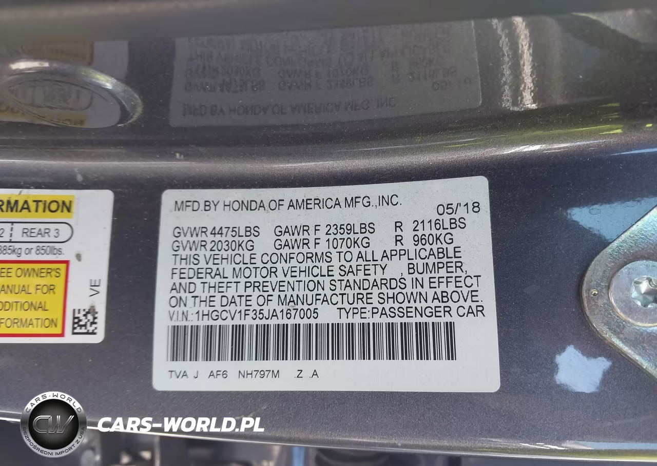2018 Honda Accord Sport VIN:1HGCV1F35JA167005 - 9