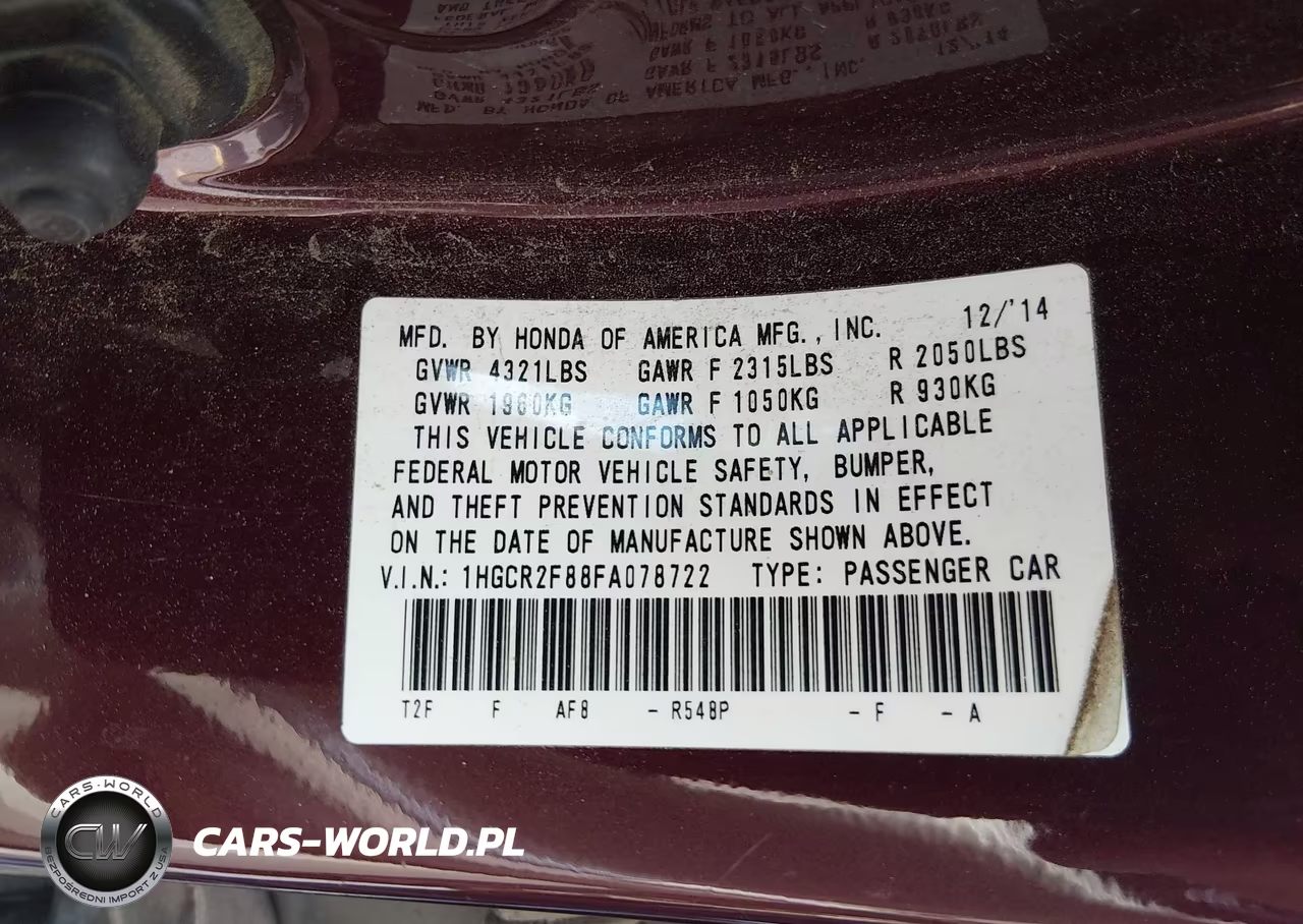 2015 Honda Accord Ex-L VIN:1HGCR2F88FA078722 - 9
