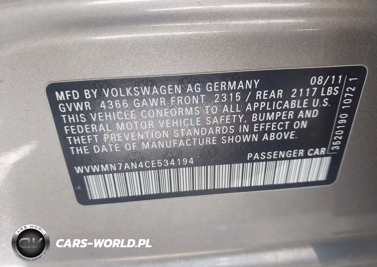 2012 Volkswagen Cc Sport VIN:WVWMN7AN4CE534194 - 9