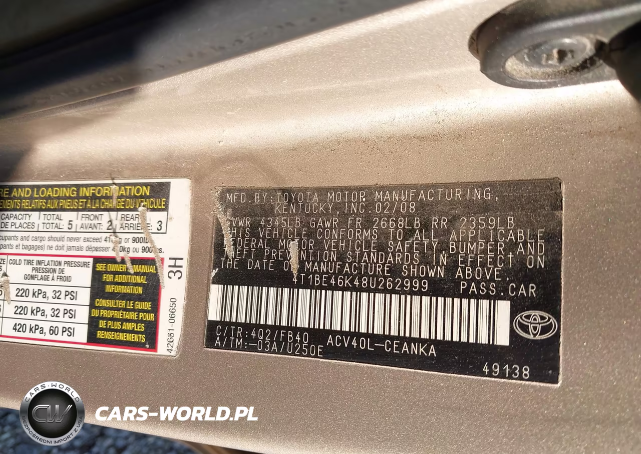 2008 Toyota Camry Le VIN:4T1BE46K48U262999 - 9