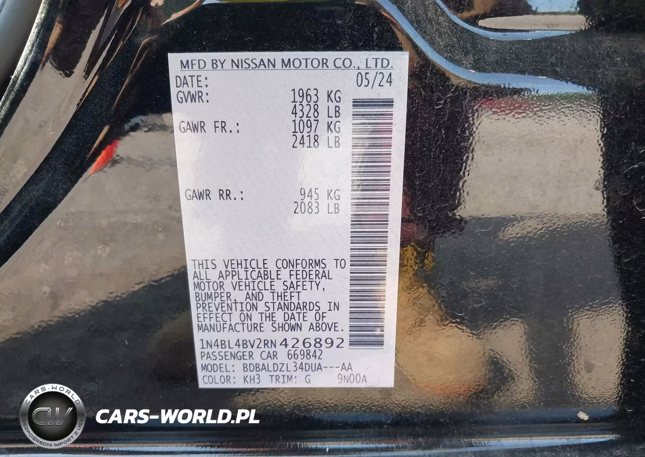 2024 Nissan Altima S Fwd VIN:1N4BL4BV2RN426892 - 9
