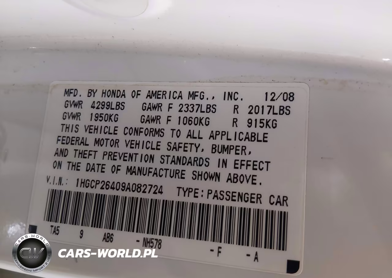 2009 Honda Accord 2.4 Lx-P VIN:1HGCP26409A082724 - 9