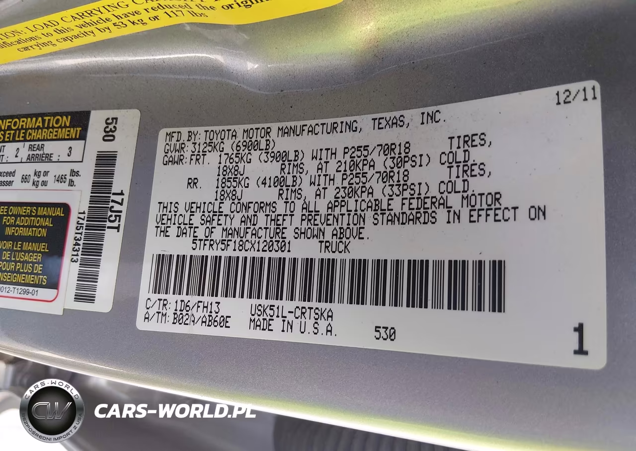 2012 Toyota Tundra Grade 5.7L V8 VIN:5TFRY5F18CX120301 - 9