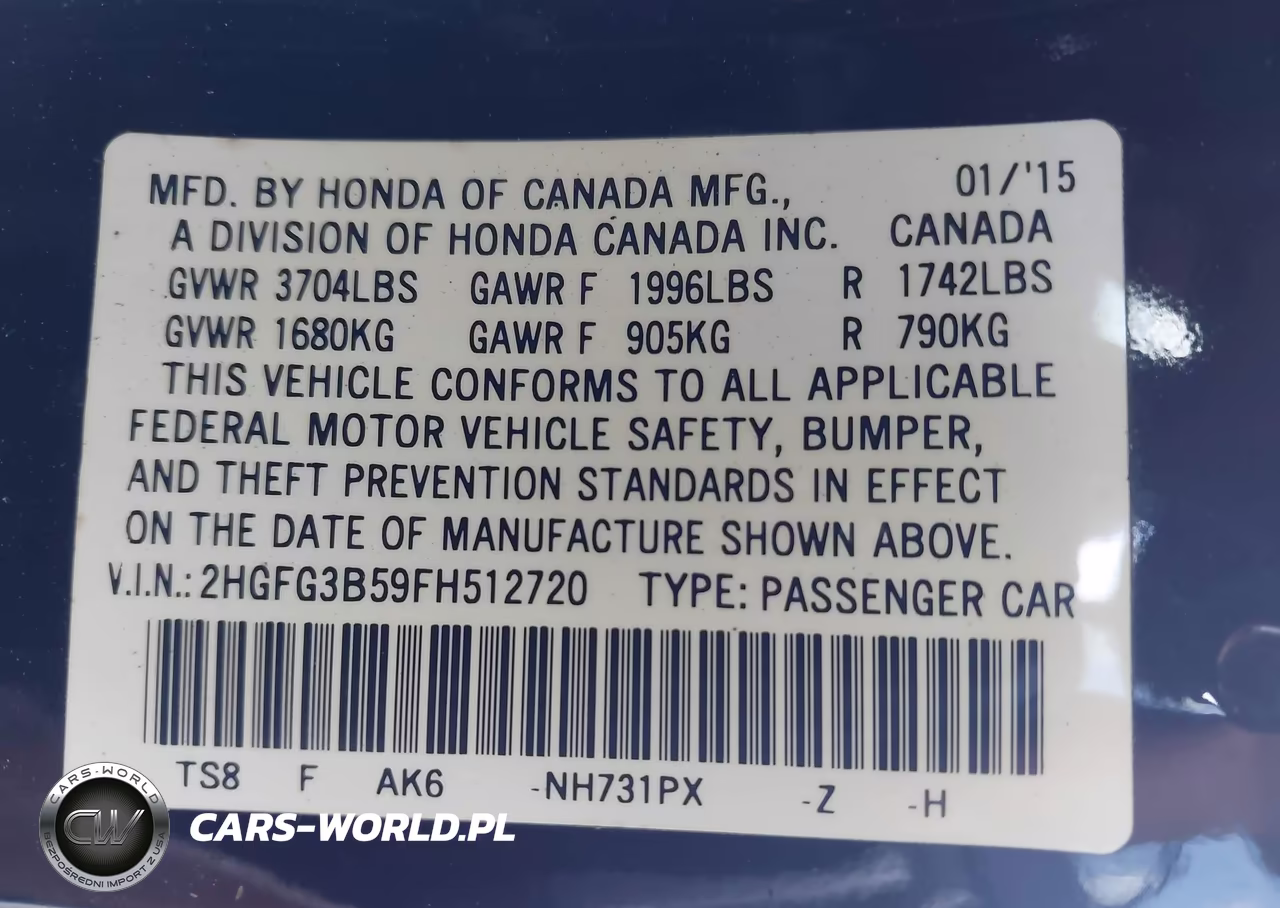 2015 Honda Civic Lx VIN:2HGFG3B59FH512720 - 9