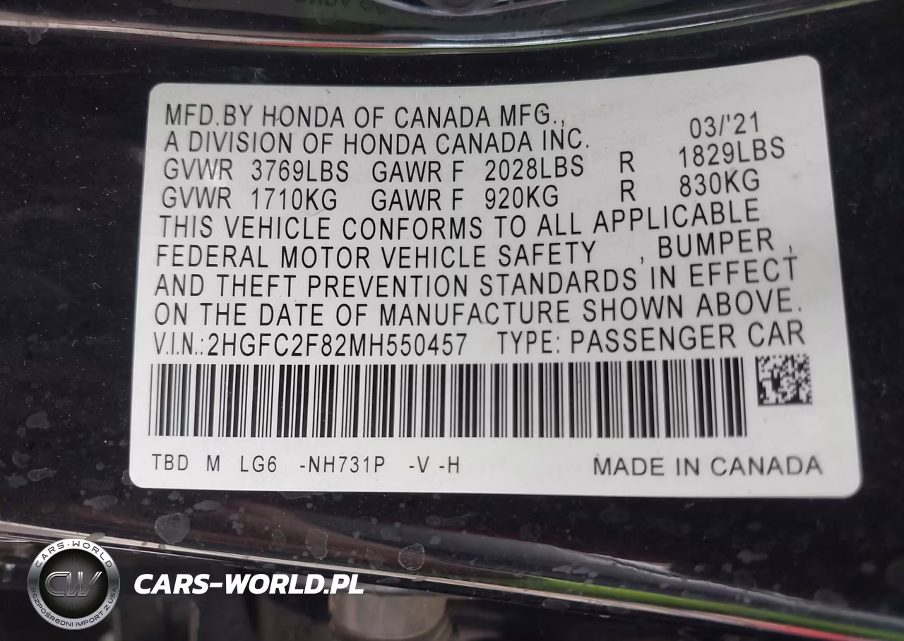 2021 Honda Civic Sport VIN:2HGFC2F82MH550457 - 9