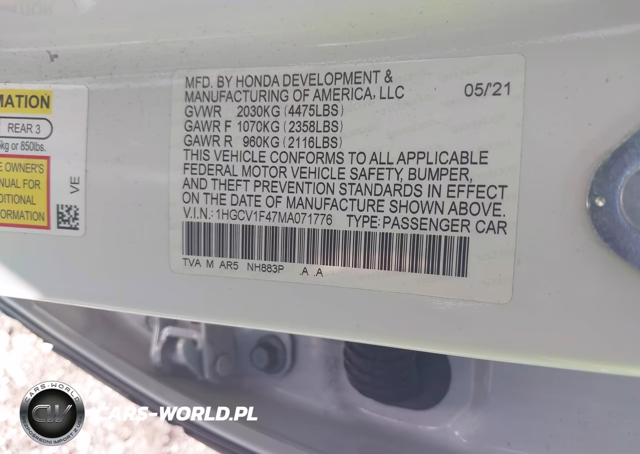 2021 Honda Accord Sport Special Edition VIN:1HGCV1F47MA071776 - 9