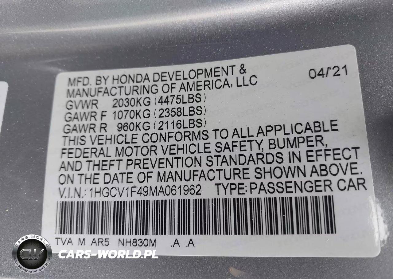 2021 Honda Accord Sport Special Edition VIN:1HGCV1F49MA061962 - 9