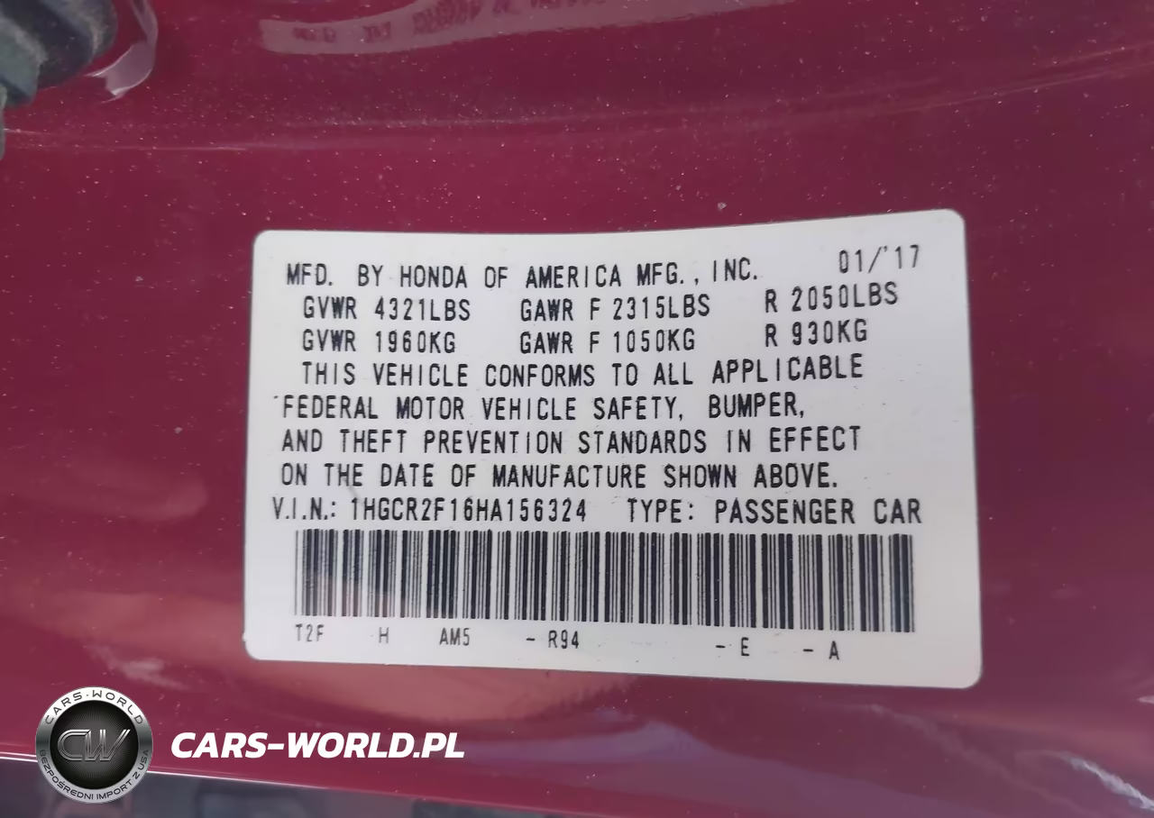2017 Honda Accord Sport Se VIN:1HGCR2F16HA156324 - 9