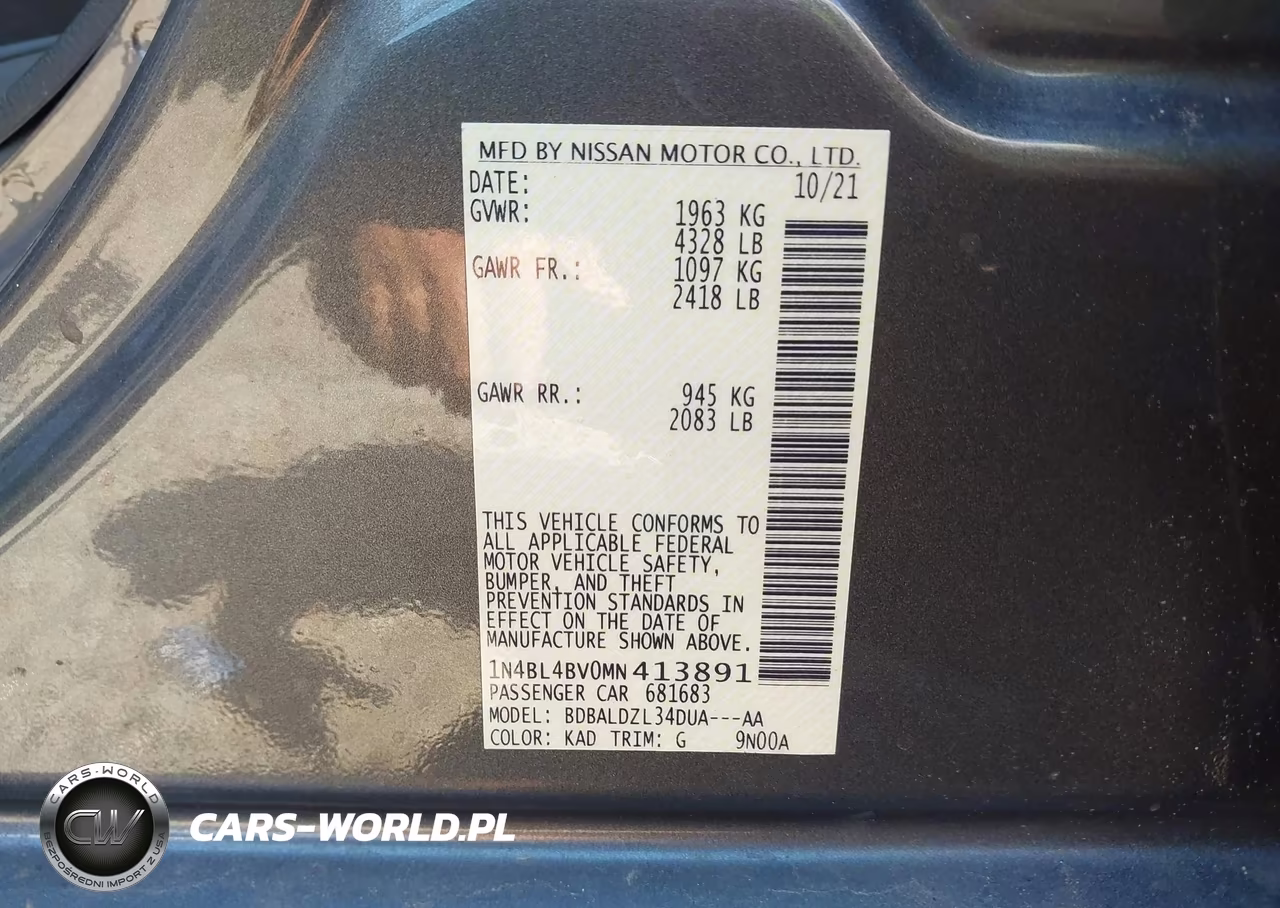2021 Nissan Altima S Fwd VIN:1N4BL4BV0MN413891 - 9