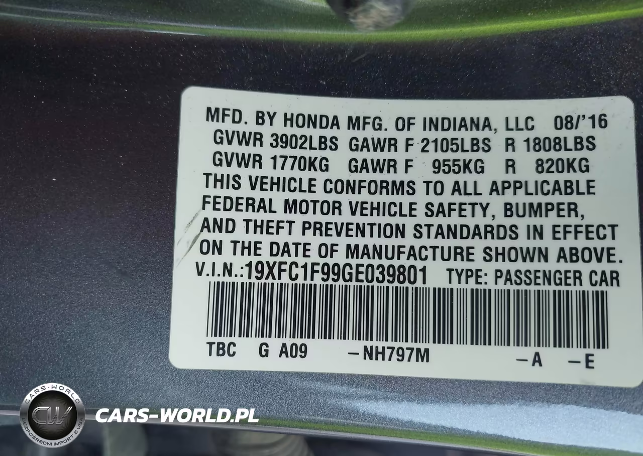 2016 Honda Civic Touring VIN:19XFC1F99GE039801 - 9