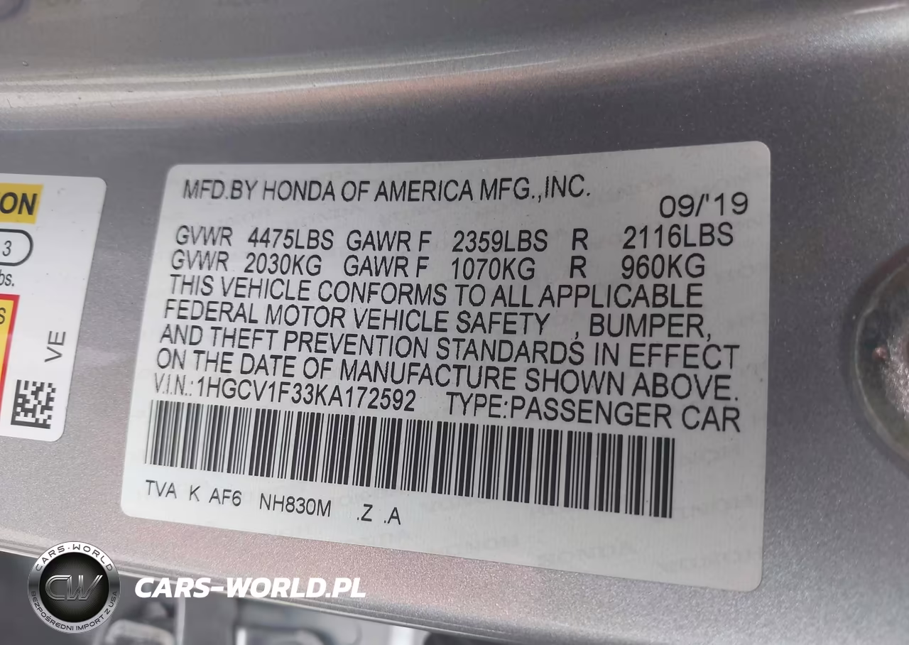 2019 Honda Accord Sport VIN:1HGCV1F33KA172592 - 9