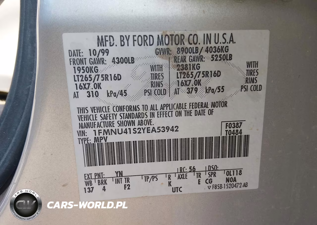 2000 Ford Excursion Xlt VIN:1FMNU41S2YEA53942 - 9