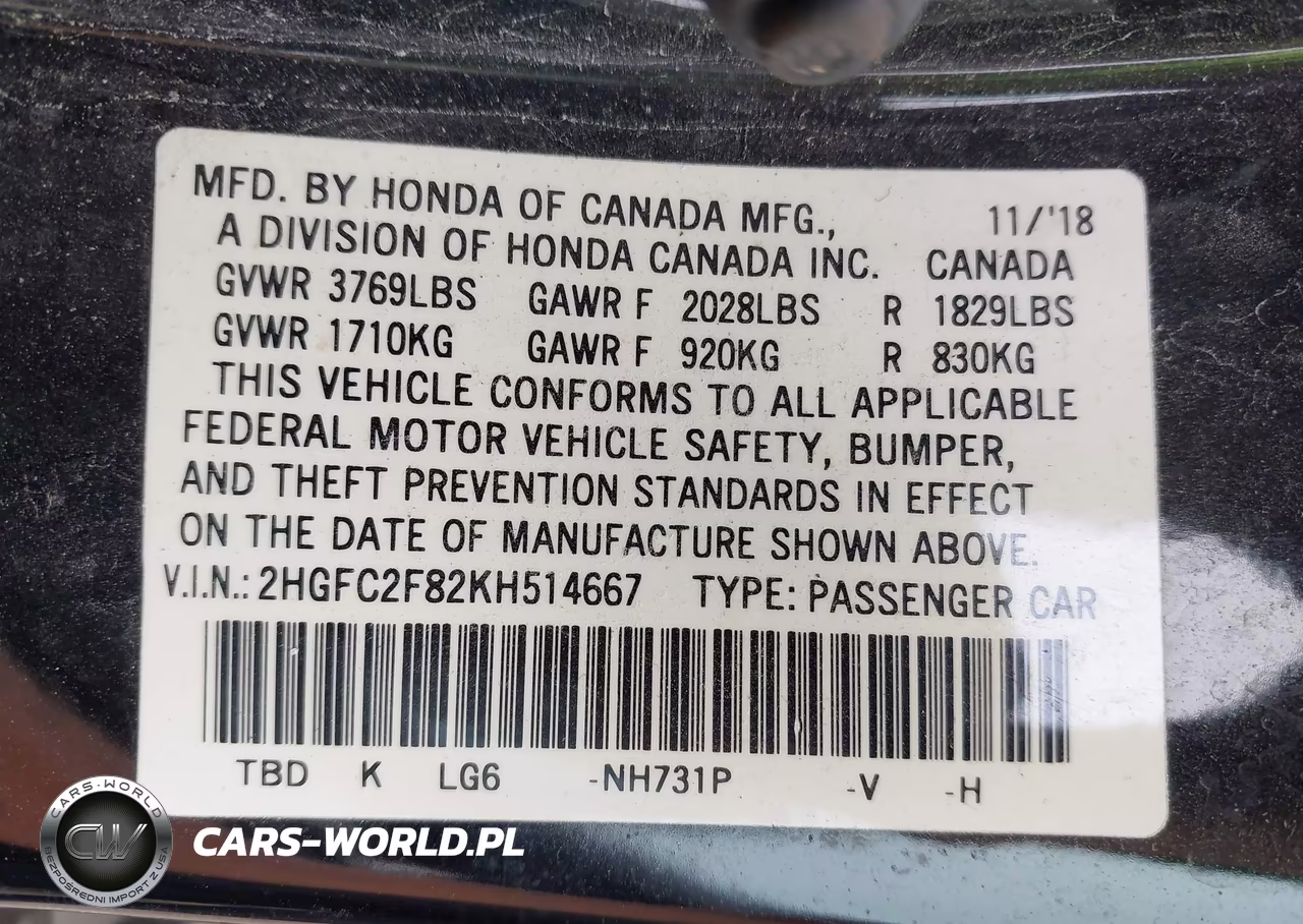 2019 Honda Civic Sport VIN:2HGFC2F82KH514667 - 9