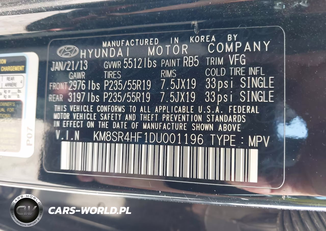 2013 Hyundai Santa Fe Limited VIN:KM8SR4HF1DU001196 - 9